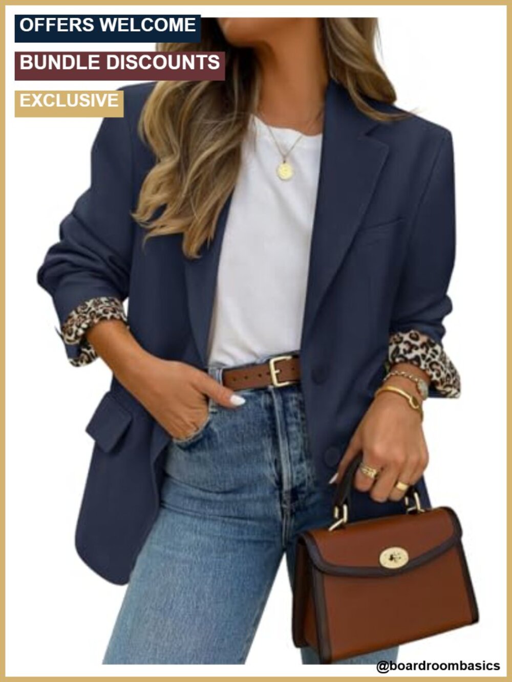 Women's Business Casual Open Front Blazer with Shoulder Pads - Polyester Blend